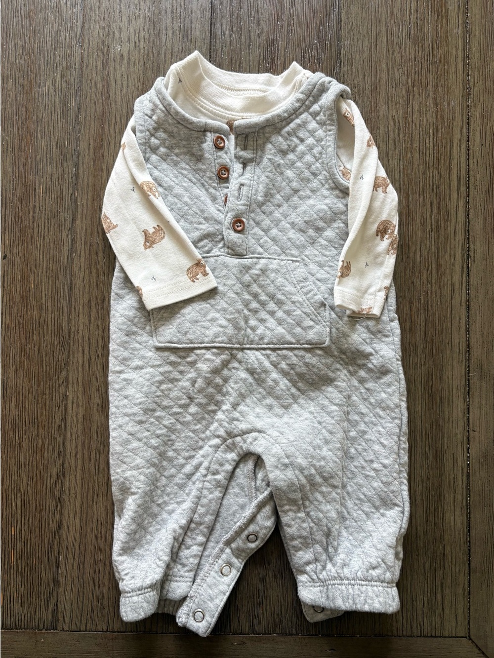 Carter’s Quilted Light Gray Baby Overall Romper with Cream Bear Print Shirt